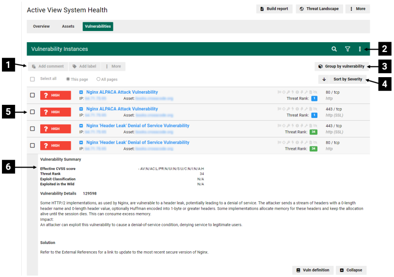 Frontline VM Active View System Health Vulnerabilities page